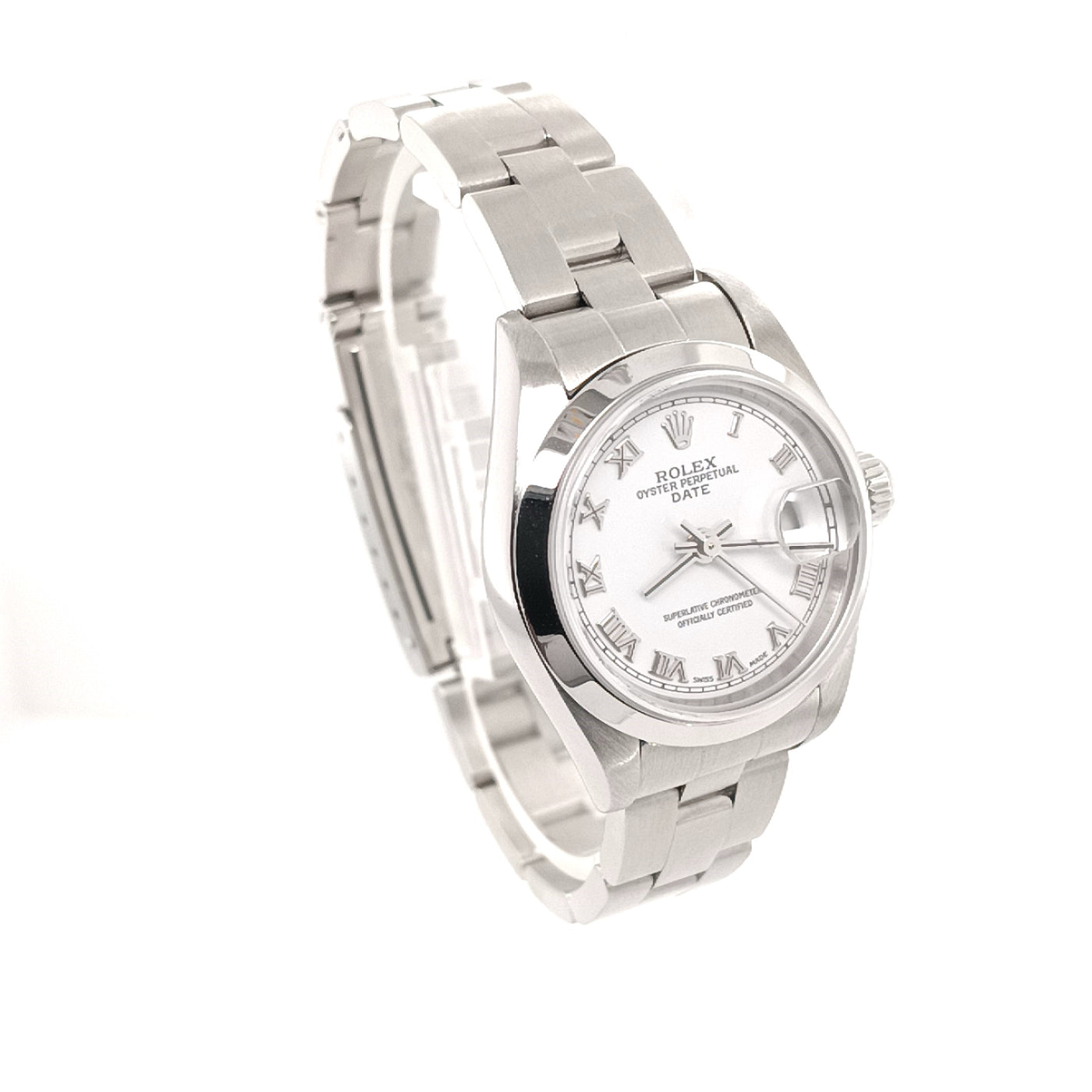 Lady's Stainless Pre-owned Rolex Date with White Roman Numeral Dial Circa: 2002