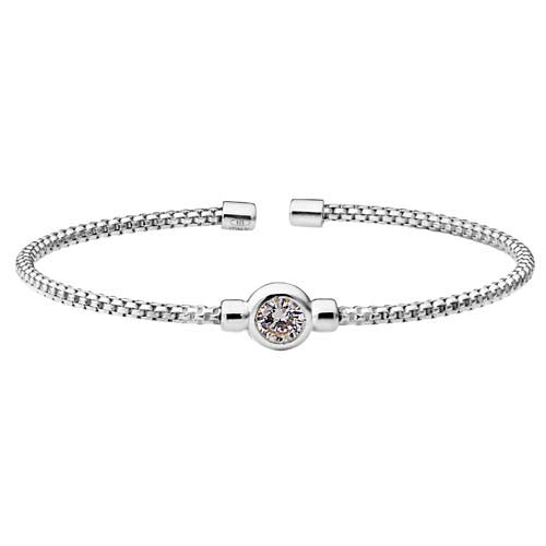 Rhodium Finish SS Rounded Box Link Cuff Bracelet with Bezel Set Simulated Diamond Birth Gem