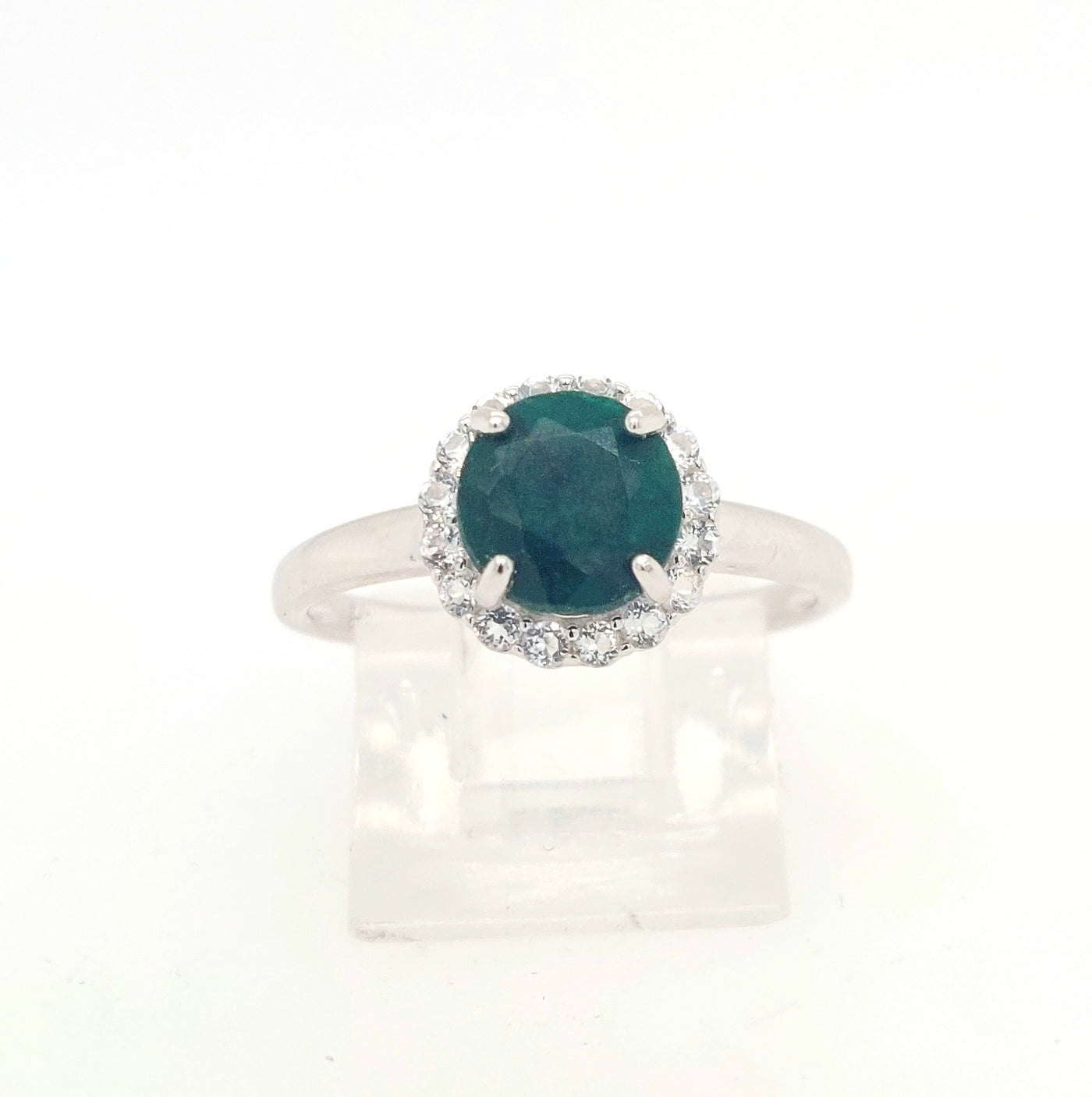 SS Dyed Green Corundum & White Topaz "Dazzle" Ring
