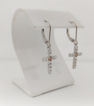 Silver Simulated Citrine/Diamond Cross Earrings