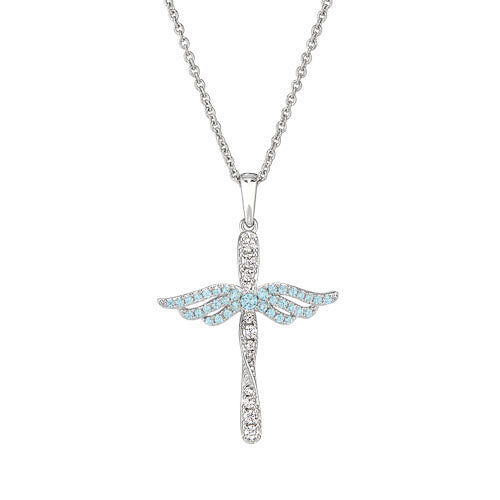 Platinum Finish Sterling Silver Micropave Angel Wings Cross with Simulated Aquamarine & Diamonds on 16" - 18" Adjustable Chain