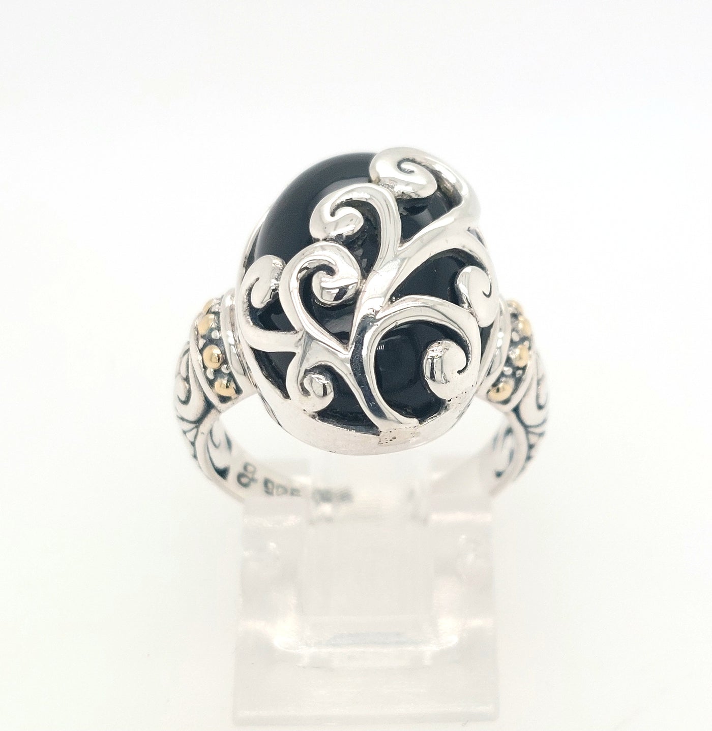 SS and 18K Yellow Gold Oval Black Chalcedony "Silver Fern Ring"