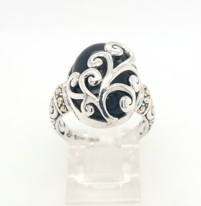 Sterling Silver and 18KY Oval Black Chalcedony "Silver Fern Ring"