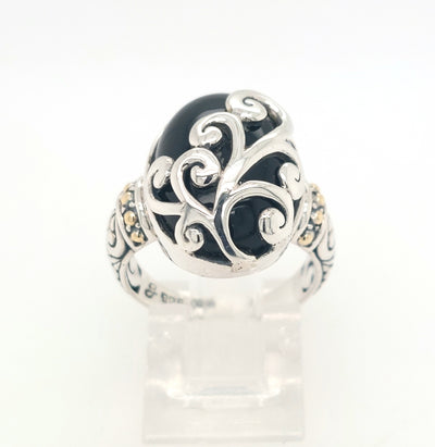 SS and 18K Yellow Gold Oval Black Chalcedony "Silver Fern Ring"