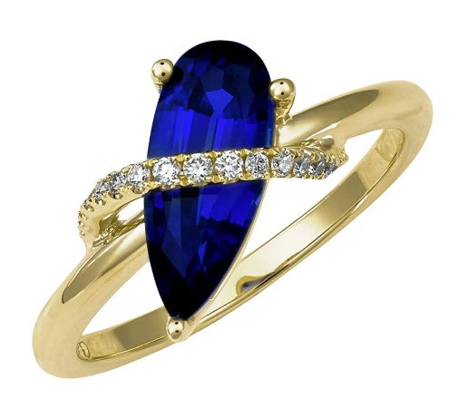 14K Yellow Gold Pear Shaped Chatham Blue Sapphire Ring