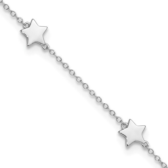 Sterling Silver Rhodium-plated Star Station Anklet (8.5in + 2in ext)