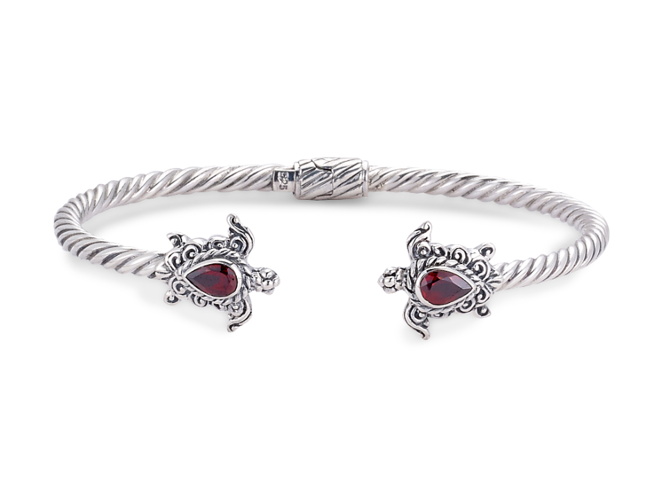 SS Twisted "Kura Kura Bangle" with Turtle and Garnet End Caps