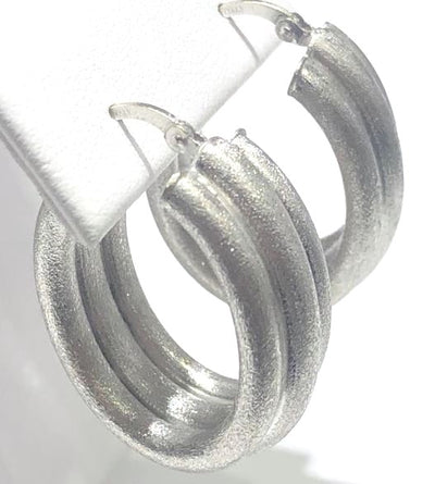 14K White Gold Oval Textured Hoop Earring Pair
