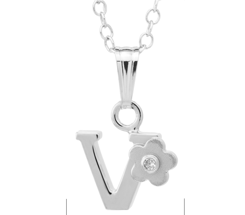 SS Inital Diamond Flower "V" Necklace with a 15in chain