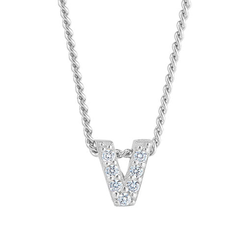 Platinum Finish Sterling Silver Micropave V Initial Pendant with Simulated Diamonds on 18" Curb Chain