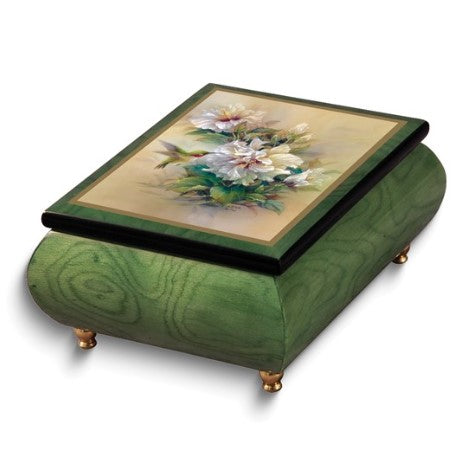 Artist Lena Liu - Handcrafted High GloSS Finish Double Hibiscus with Ruby Throat Hummingbird (Plays Spring Vivaldi) Wooden Music Box with Velvet Lining