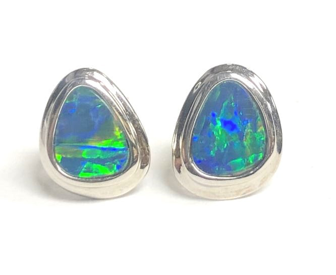 14KW Australian Opal Doublet Wide Bezel Earring Pair