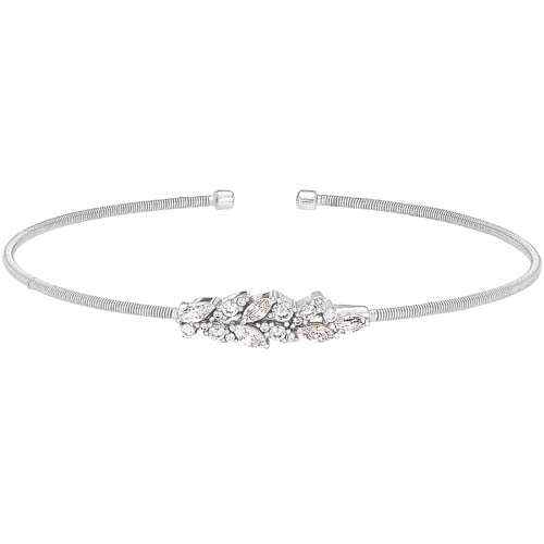 Rhodium Finish Sterling Silver Cable Cuff Bracelet with Simulated Diamond Leaf Pattern