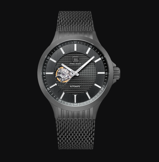 Gents Black Steel Glock Watch with Black Dial and Skeleton Chronograph