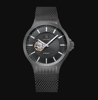 Gents Black Steel Glock Watch with Black Dial and Skeleton Chronograph