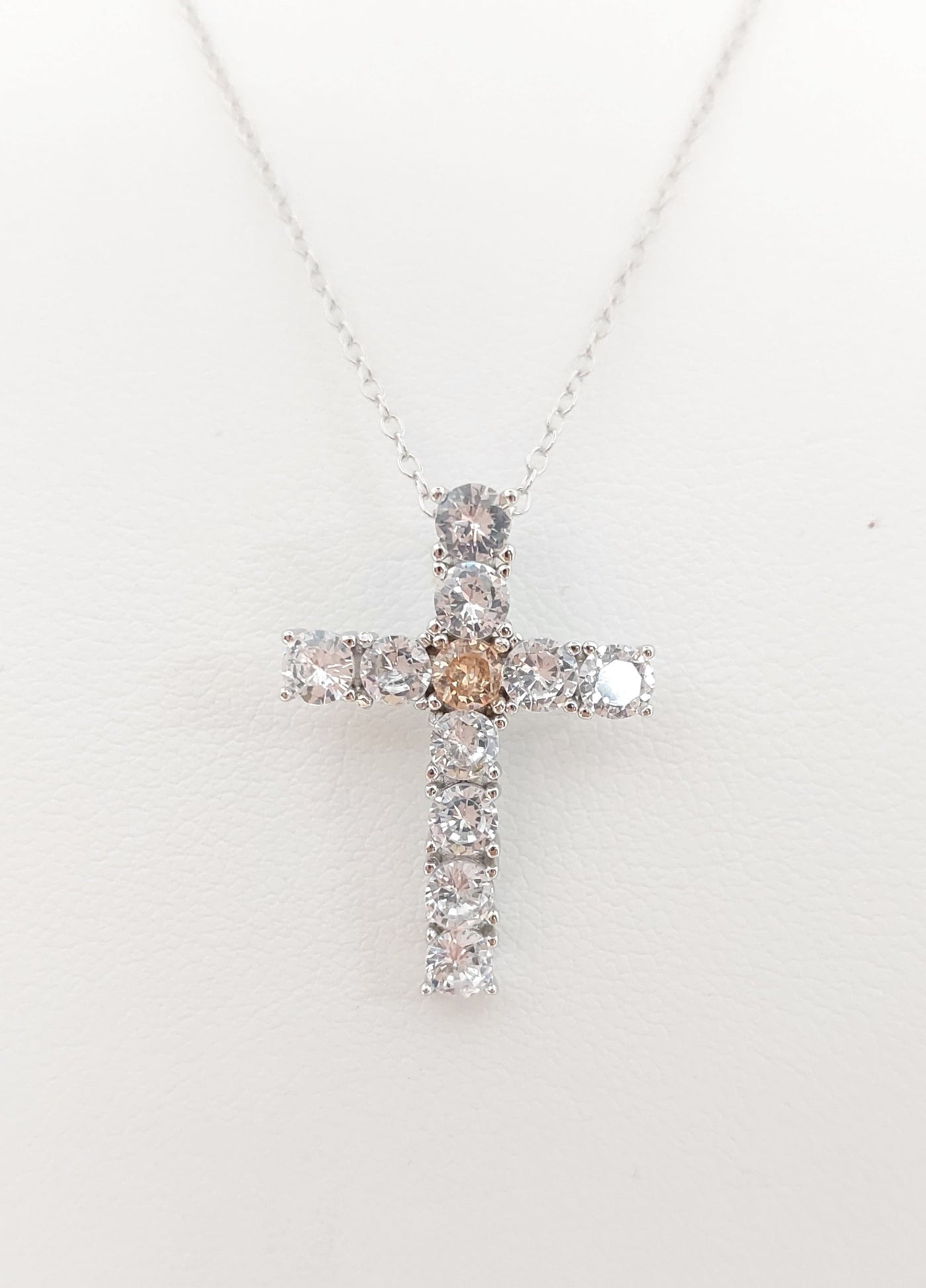 Silver Simulated Citrine/Diamond Cross Necklace