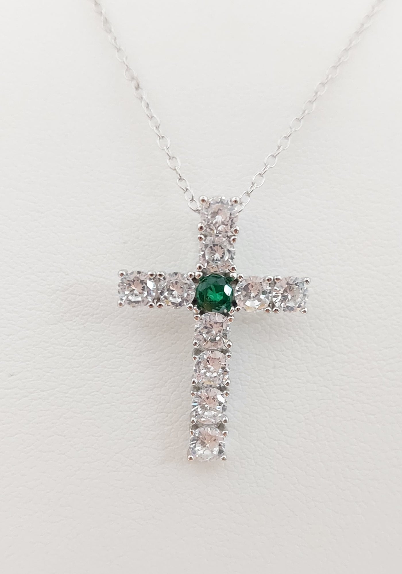 Silver Simulated Emerald/Diamond Cross Necklace