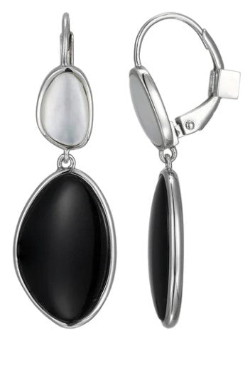 SS ELLE "PEBBLE" RHODIUM PLATED BLACK AGATE AND MOTHER OF PEARL DROP EARRING
