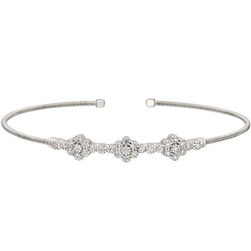 Rhodium Finish SS Cable Cuff Bracelet with Three Clusters of Simulated Diamonds