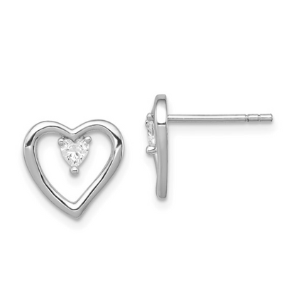 Sterling Silver Polished Heart Cubic Zirconia Earrings
