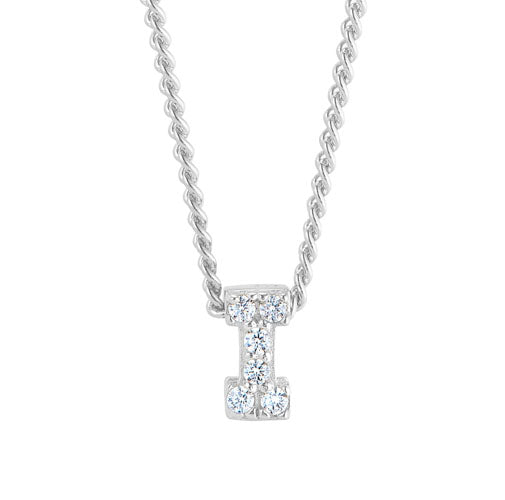 Platinum Finish SS Micropave I Initial Pendant with Simulated Diamonds on 18" Curb Chain