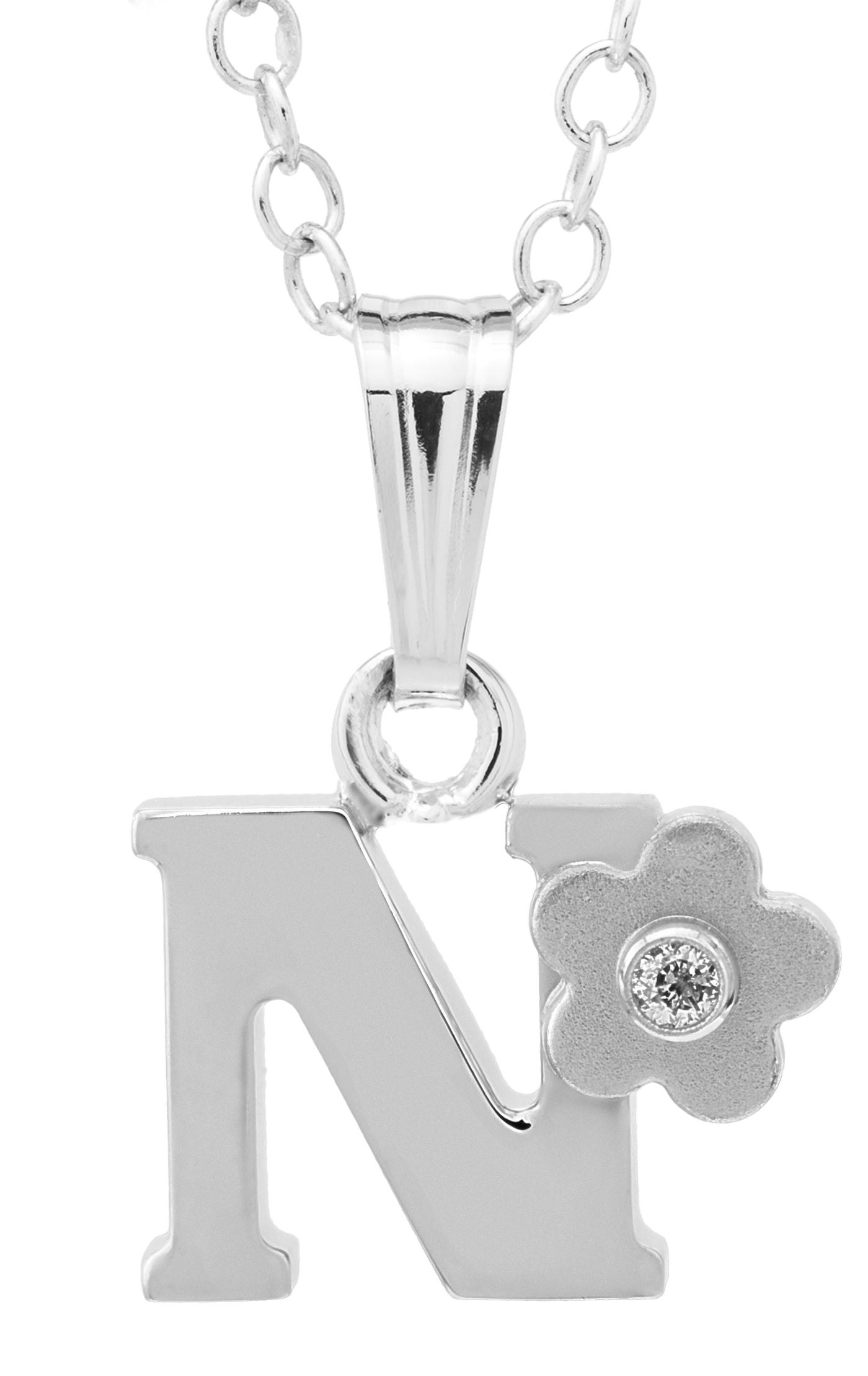 Sterling Silver Inital Diamond Flower "N" Necklace with a 15in chain