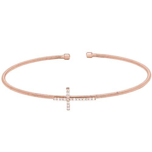 Rose Gold Finish Sterling Silver Cable Cuff Cross Bracelet with Simulated Diamonds