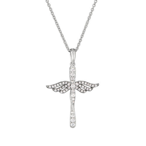 Platinum Finish Sterling Silver Micropave Cross with Black Rhodium Angel Wings on 16" - 18" Adjustable Chain