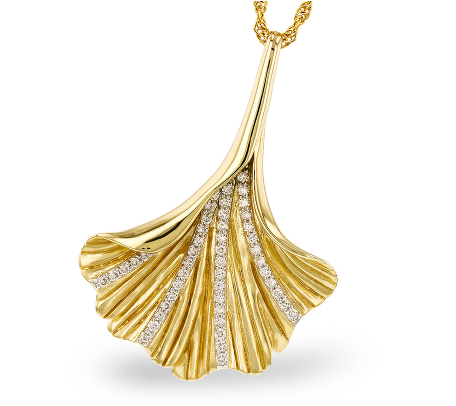 14K Yellow Gold Diamond Ginkgo Leaf Necklace 0.20ctTW G/SI3 Length: 18 inches