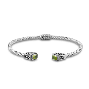 SS 3MM TWISTED CABLE BANGLE WITH EMERALD CUT PERIDOT