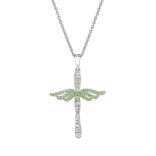 Platinum Finish Sterling Silver Micropave Angel Wings Cross with Simulated Peridot & Diamonds on 16" - 18" Adjustable Chain