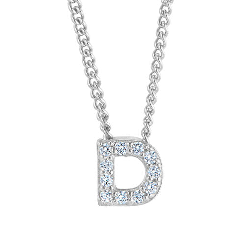 Platinum Finish Sterling Silver Micropave D Initial Pendant with Simulated Diamonds on 18" Curb Chain