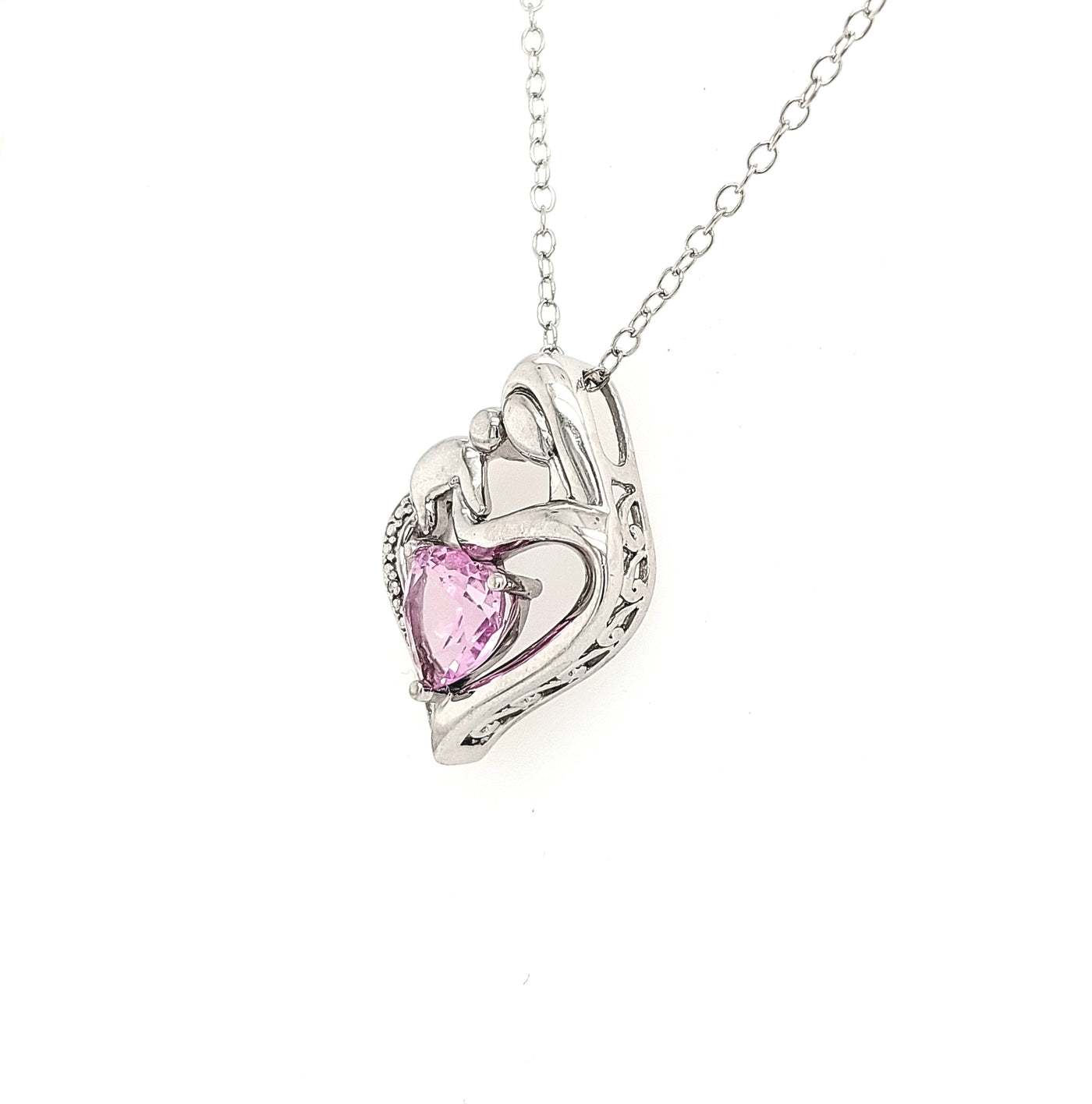 SS Mother & Child Pendant with Pink Heart Stone Necklace