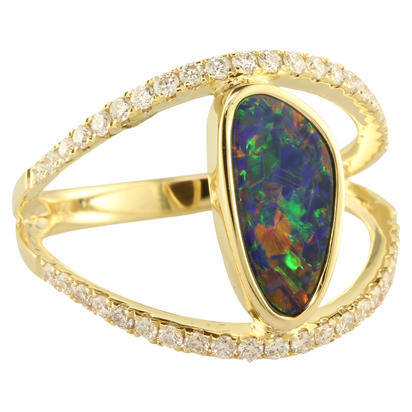 14KY Australian Opal Doublet & Diamond Ring