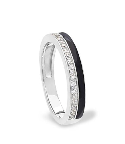 Silver Micropave Ring with with Black Enamel and Simulated Diamonds