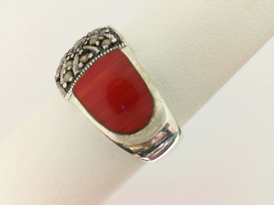 SS Marcasite Ring with Red Coral Colored Inlay