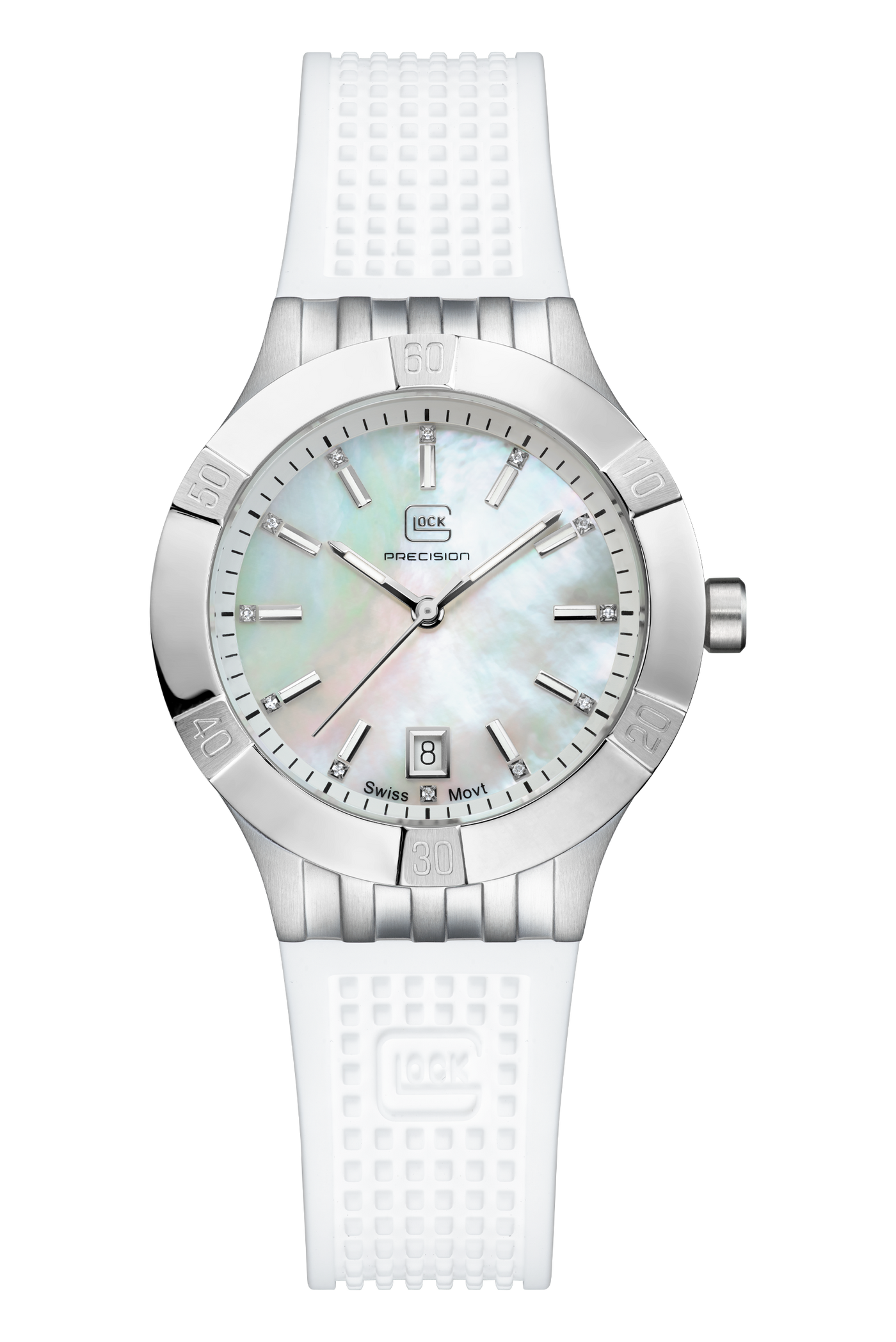 Lady's Silver-Tone Steel Glock Watch with Mother of Pearl Diamond Dial