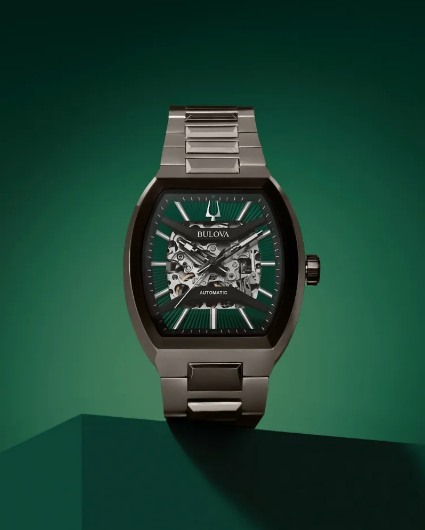 Gents Gunmetal Bulova "Maquina" with Green Skeleton Dial