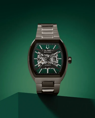 Gents Gunmetal Bulova "Maquina" with Green Skeleton Dial