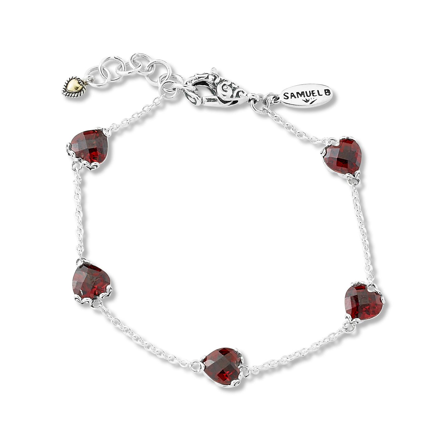SS 7mm Heart Garnet Station Bracelet 7in+1in ext.