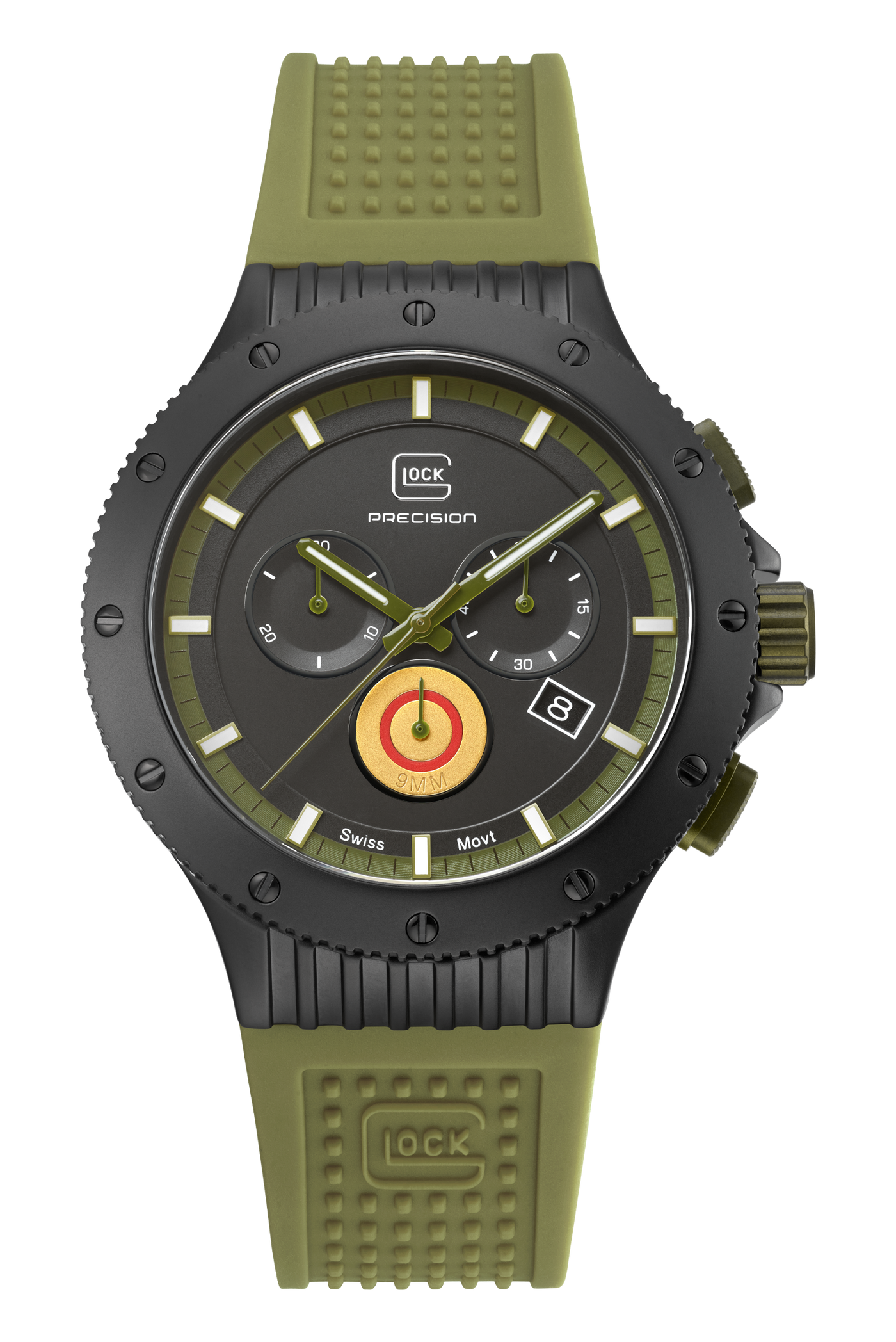 Gents Black Titanium Glock Watch with Black Dial and Green Silicone Strap
