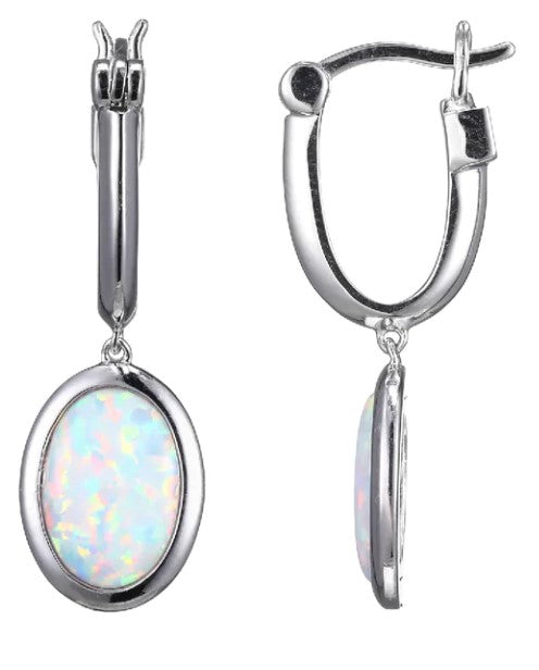 Rhodium Plated Sterling Silver ELLE " Mirage" Synthetic 10X7mm Opal Hoop Dangles