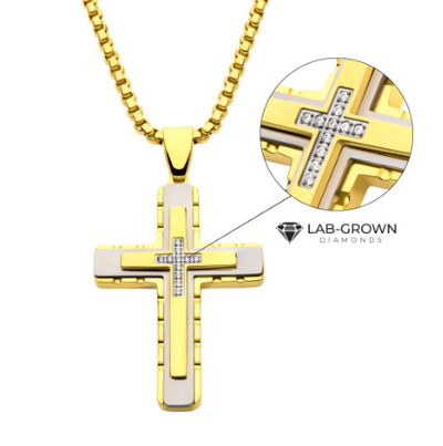 Stainless Steel Layered Cross Necklace with Lab-Grown Diamonds