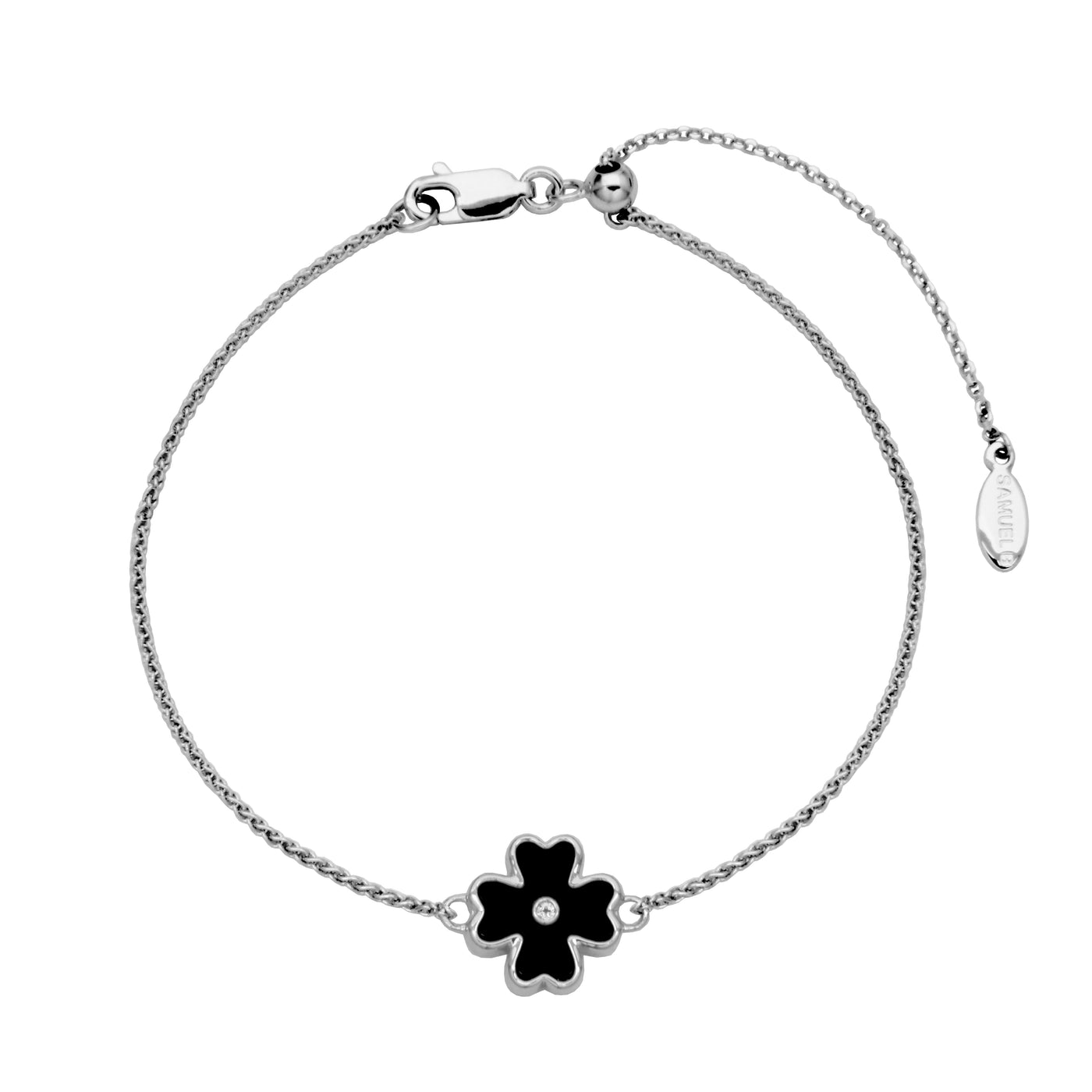 SS Black Agate Quatrefoil & White Topaz Adjustable Bracelet