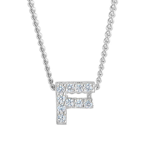 Platinum Finish Sterling Silver Micropave F Initial Pendant with Simulated Diamonds on 18" Curb Chain