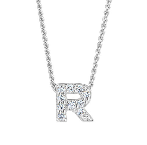 Platinum Finish Sterling Silver Micropave R Initial Pendant with Simulated Diamonds on 18" Curb Chain