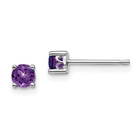 Sterling Silver Rhodium-plated 4mm Round Amethyst Post Earrings