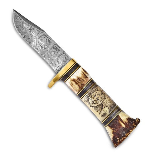 Damascus Steel Knife with Lion And Elephant Scrimshaw Handle
