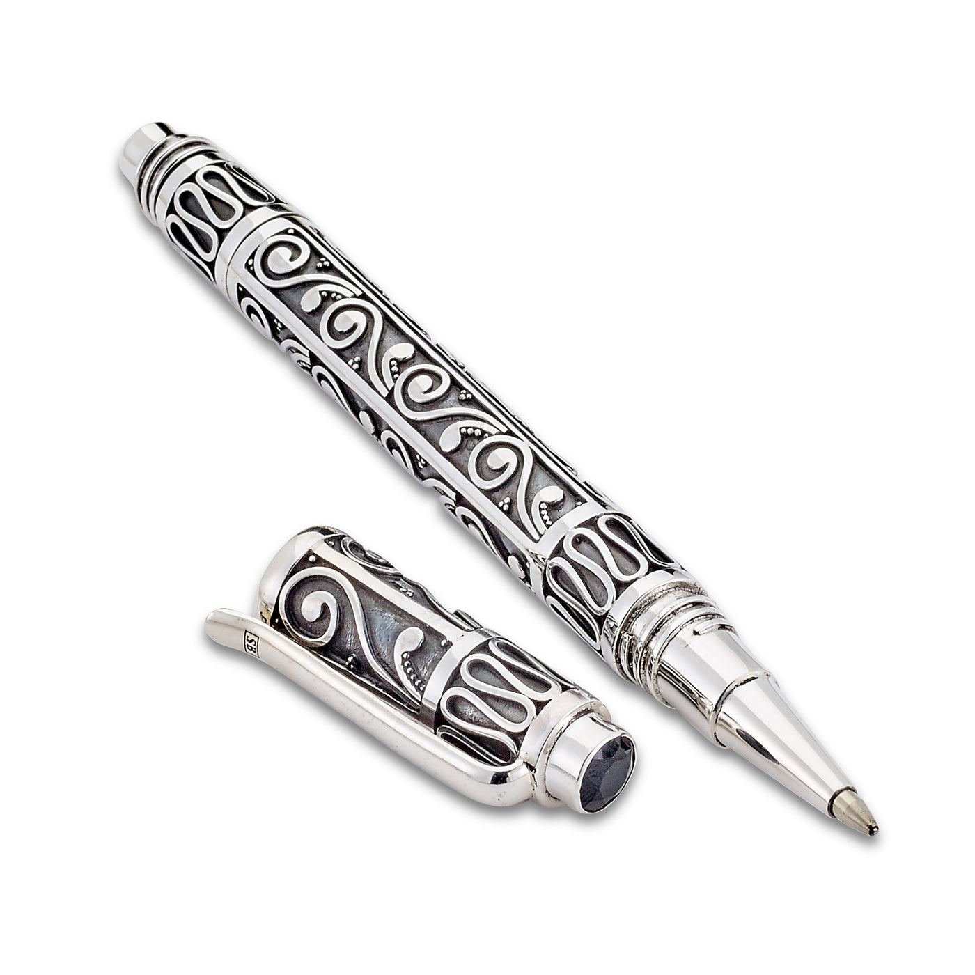 Sterling Silver Bali Swirl Design Pen with Black Spinel Endcap
