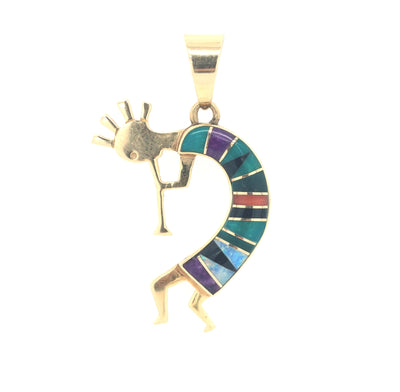 14K Yellow Gold Kokopelli Colorful Stones Inlay Pendant Gram Weight:4.1g